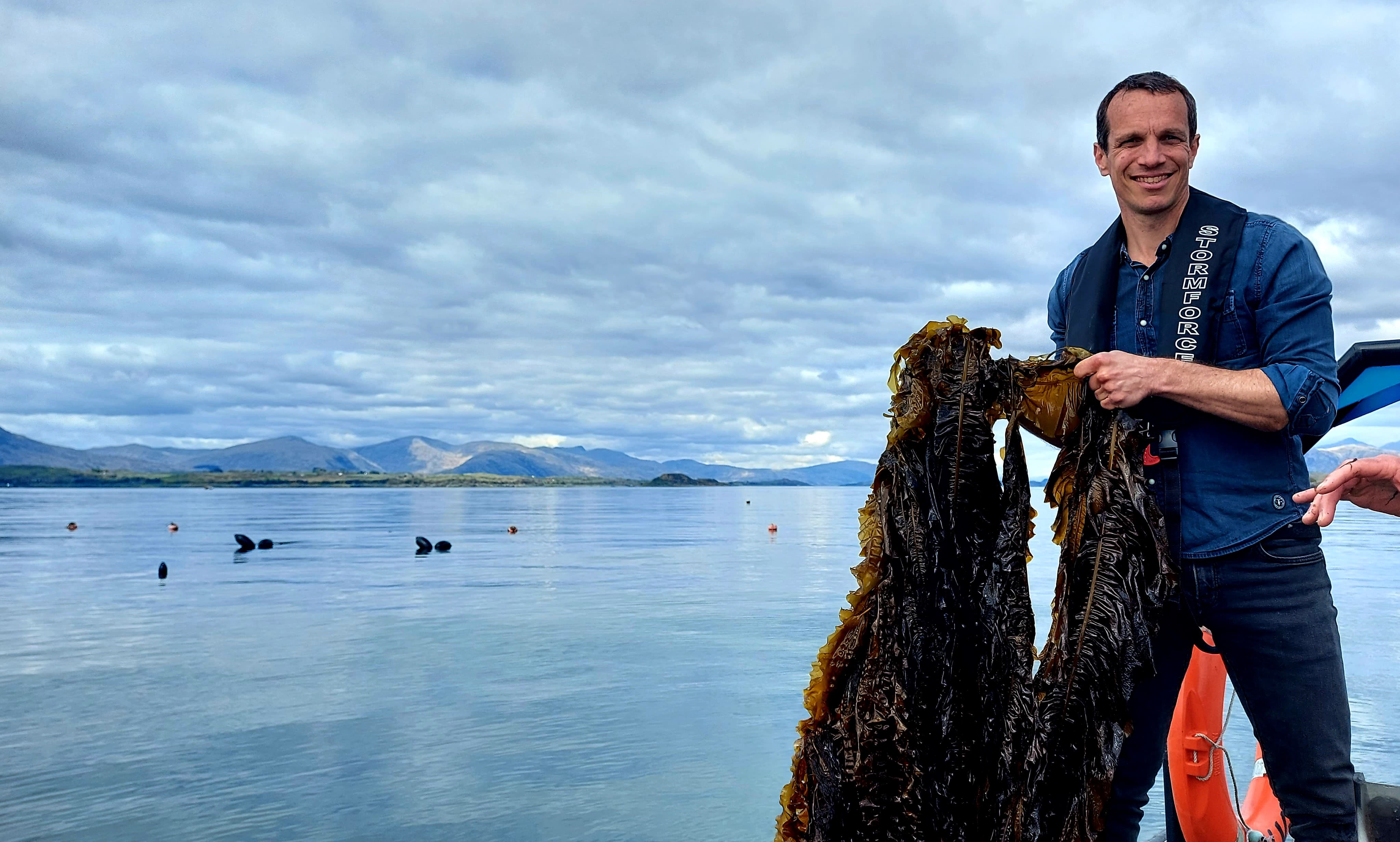 man holding seaweed on the side of a boat